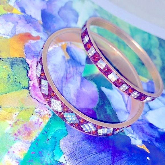 Gorgeous & Sparkly Rose Gold Bangles Red w/Unique Silver Baguettes Bracelet Set - Picture 13 of 17